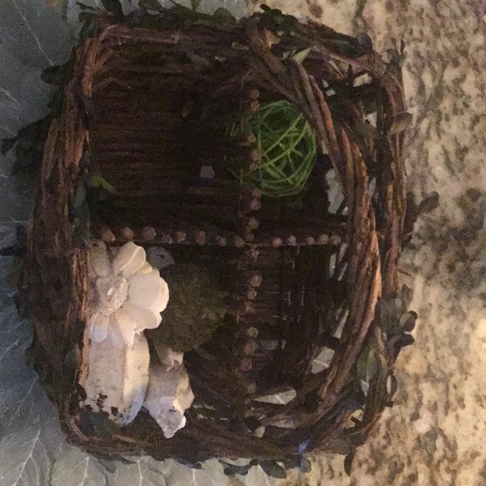 Pier 1 spring basket w/ handle & potpourri accents (moss & branch balls, flower)